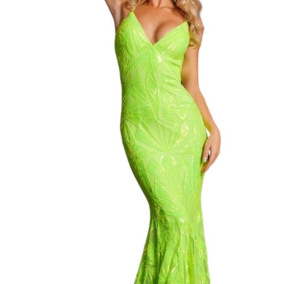 NWT Jovani 36656 Prom Dress Sequin/Sheer Neon Green Size 10 - Picture 1 of 11